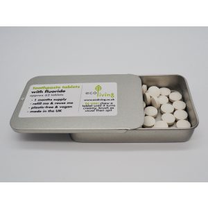 EcoLiving Toothpaste Tablets with Fluoride in refillable metal tin (one month supply)